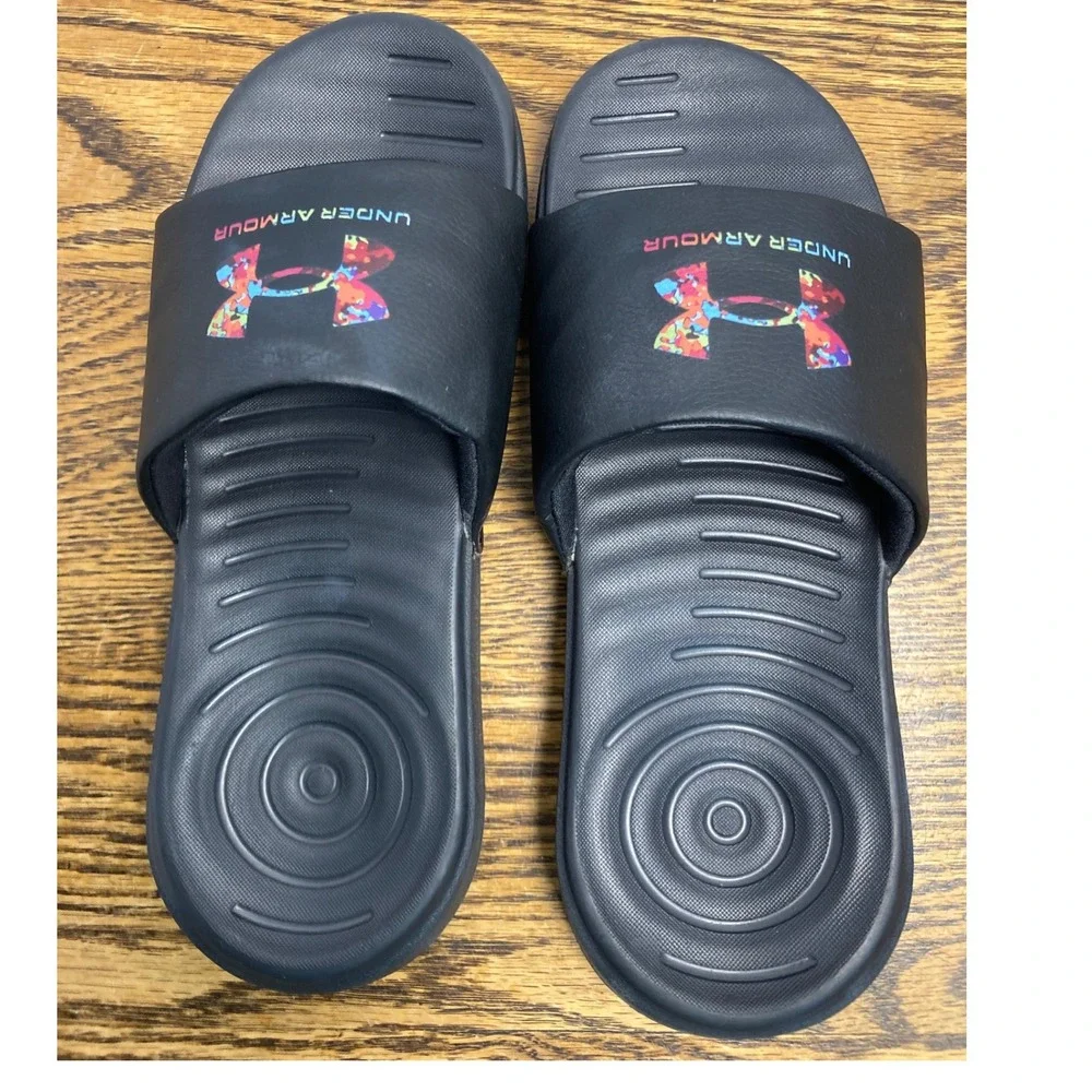 Under Armour Ansa Fix Black Multi Color Logo Slide Sandals 4Y 3024439-002